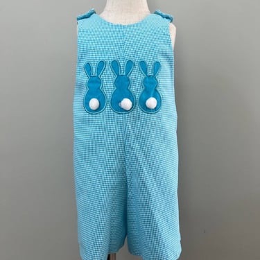Vintage Toddler Boy's Blue Bunny Overall Seersucker Easter Spring Bunnies Outfit 