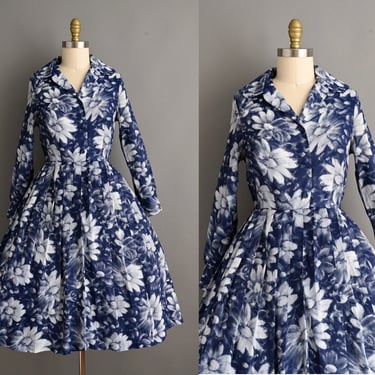 vintage 1960s Dress | Vintage Navy Blue Floral Long Sleeve Shirt Waist Dress | Medium - Large 