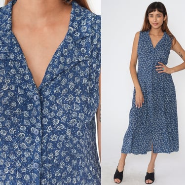 90s Floral Dress Blue Grunge Rayon Ankle Length Midi Sundress Button Up Boho 1990s Collared White Vintage Sheath Sleeveless Small 6 