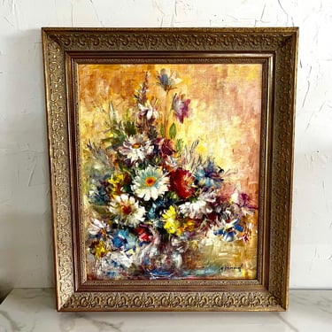 Very Large Vintage Original Framed Floral Painting Colorful Flowers 