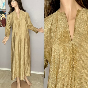 FABULOUS Caftan Maxi Dress, Halston, Gold Lurex Metallic Lame', Boho Chic, Vintage 70s 