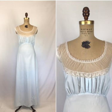 Vintage 40s nightgown | Vintage baby blue lace nightdress | 1940s Vendome full length negligee 