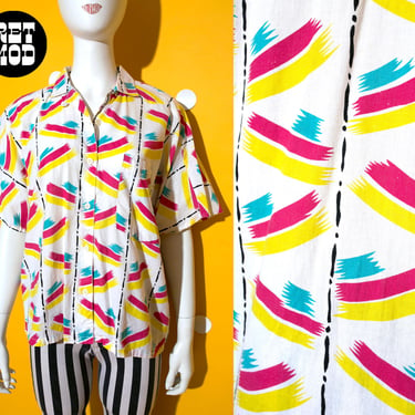 Wearable Art Vintage 80s 90s Yellow Pink White Brushstrokes Patterned Short Sleeve Collared Shirt 