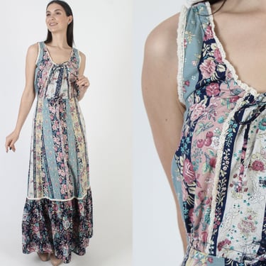 Romantic Floral Edwardian Dress Delicate Rose Print Prairie Sundress Vintage 70s Garden Waist Tie Maxi Dress 