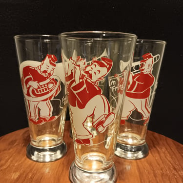 Mid Century Pilsner Glasses with German Oompah Band Theme Set of 4 Vintage Barware from the 1960s 