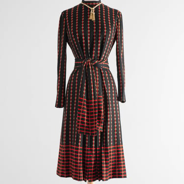 Chic 1970's Adele Simpson Wool Jersey Equestrian Pleated Dress / Medium