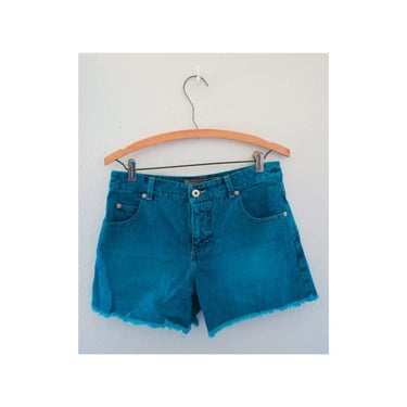 Vintage 90s Denim Shorts - Dyed Turquoise High Waisted Jean Short Cut Offs with Frayed Hems - Size Medium 