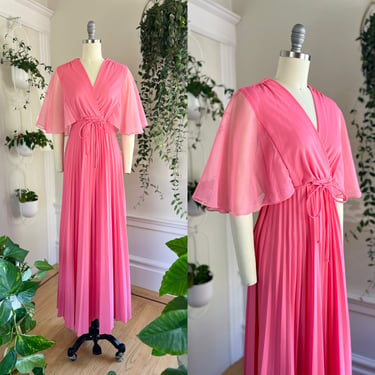 Vintage 1970s Maxi Dress | 70s Bubblegum Pink Barbie Accordion Pleated Chiffon Flutter Sleeve Empire Waist Fit Flare Party Gown (sm-lg) 