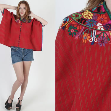 Embroidered Huipil Woven Poncho / Ethnic Textile Draped Oaxacan Poncho / Hand Stitched Mayan Caftan Top 
