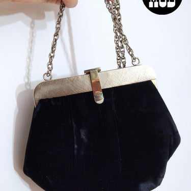 Chic Vintage 60s 70s Black Velvet Evening Bag with Silver Chain Strap 