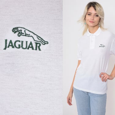 Jaguar Polo Shirt 80s Luxury Sports Car Shirt White Graphic Polo Button Up Collared Short Sleeve Vintage 1980s Single Stitch Medium 