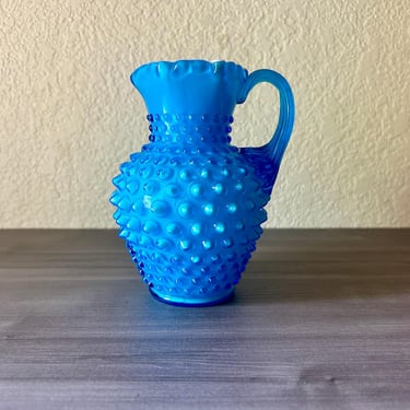 Vintage Fenton Opaque Blue Cased Milk Glass Hobnail Pitcher, Fenton Glass Blue Glass Jug, Hobnail Case / Syrup Jug 