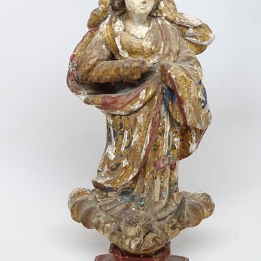 Antique 1800's Saint Mary Santos with Glass Eyes, Antique Hand Carved Madonna on Orb, Religious Polychrome Folk Art 