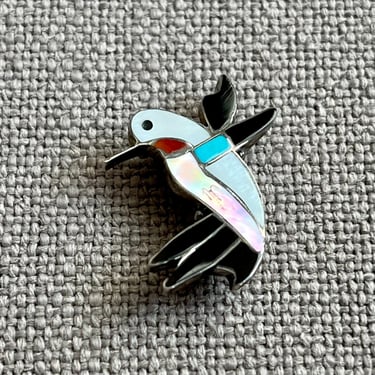 Vintage Zuni Pueblo Hummingbird Pin in Silver and Inlaid Stone and Abalone shell 