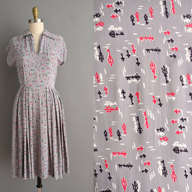 vintage 1940s Dress | Novelty Key Gray Rayon Print Dress | Medium Large 