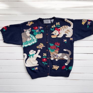 cute cat sweater 90s vintage Northern Isles navy blue kitten butterfly short sleeve cardigan 