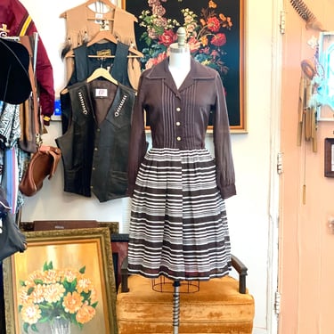 vintage 50's dress // brown striped shirt waist dress 