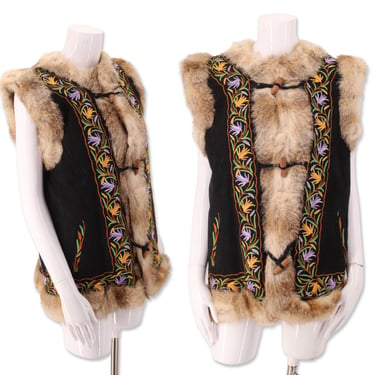 70s AFGHAN embroidered suede fur VEST coat L / vintage 1970s black Woodstock era Penny Lane coat outerwear M/L 