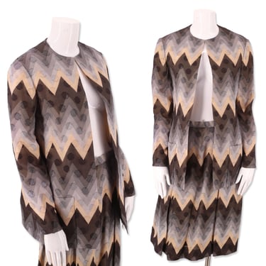 70s BILL BLASS zig zag print suit, vintage 1970s silk pattern jacket and skirt, designer outfit sz 10 