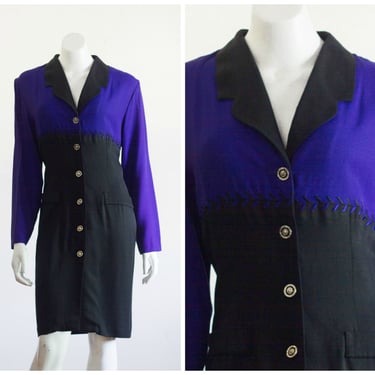1980s purple and black sheath dress with long sleeves 