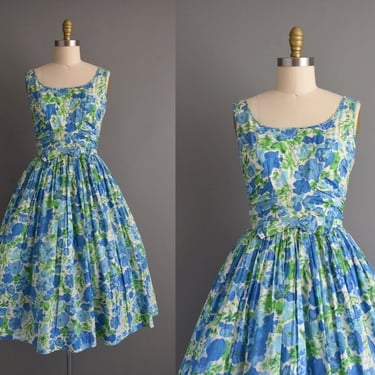 vintage 1950s dress | Jerry Gilden Blue Floral Print Full Skirt Summer Cotton Dress | Medium | 50s dress 