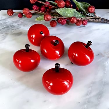 5 Vintage Swedish, Wooden Red Apple, Christmas Tree Ornaments - Solid Wood, Painted w Stem and Blossom Ends, Traditional Scandinavian Decor 