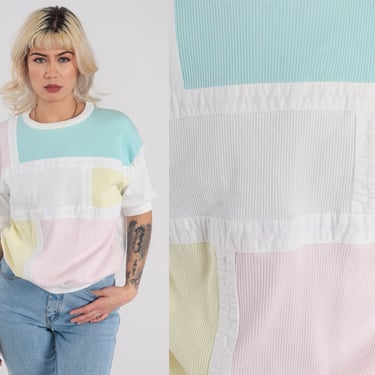 Pastel Color Block Shirt 80s White Ribbed T-Shirt Retro Slouchy Short Sleeve Banded Hem Top Crewneck Pink Blue Yellow Vintage 1980s Medium M 