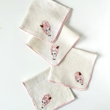 Hand Embroidered Naturally Dyed Set of Napkins with Marie Antoinettes 