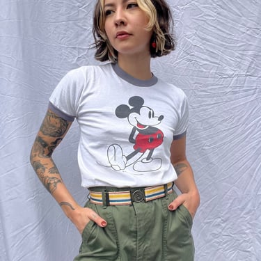 1970's Mickey Mouse Tshirt / Walt Disney Productions 100% Cotton T-shirt / Disney Land Vacation Shirt / Ringer Tee / 