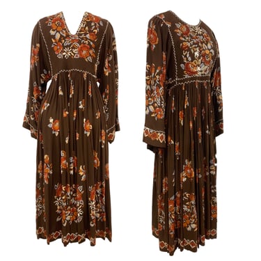 Vtg Vintage 1970s 70s Boho Cottage Brown Floral Embroidered Bibbed Midi Dress 
