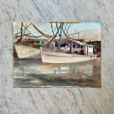 Vintage Georgia Vincent Taylor Signed Art Watercolor Painting Alabama Artist Trawler Shrimp Boats in Harbor 