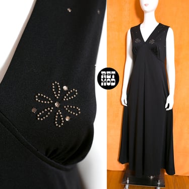 Witchy Sexy Vintage 70s Black Sleeveless Maxi Dress with Studded Flowers & Rhinestones 