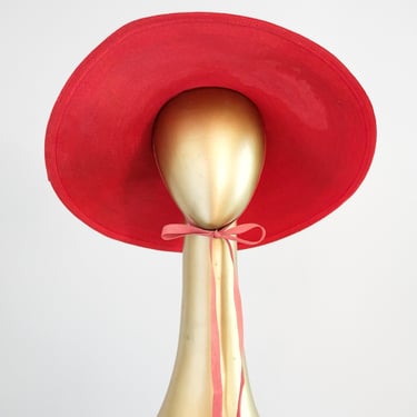 Ravishing 1940's Red Raffia Wide Brim Hat by Leon Hats / OS