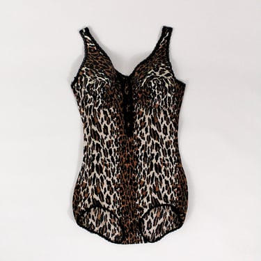 1960s Vanity Fair Leopard Print Bodysuit / Romper / Onesie / One Piece / 70s / Cheetah Print / Vamp / Lingerie / Hollywood Glamour / 34C / M 