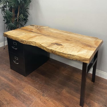 Live Edge Desk / 2 drawer steel Cabinet with Solid Wood Top and steel legs / modern / urban furniture / rustic office / home desk / Slab 