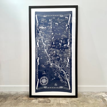 Vintage California coastal map / flag in whimsical fashion on cotton in new custom frame 