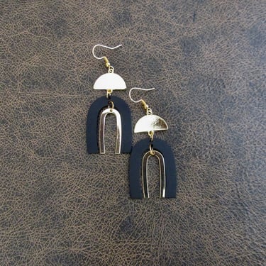 Geometric earrings, simple black and gold modern earrings 