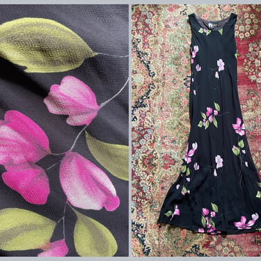Vintage ‘90s DONNA RICCO New York floral print rayon chiffon maxi dress | designer slip dress, S 