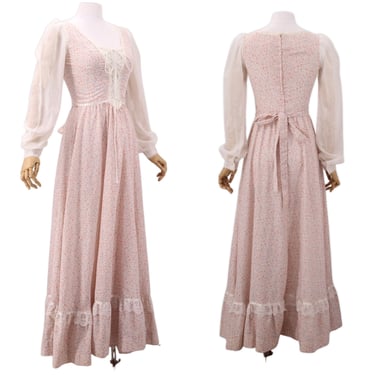 70s GUNNE SAX dress lace up pink cotton prairie maxi 9 / vintage 1970s calico peasant print ruffle dress gown XS S 