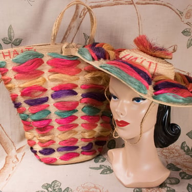 1950s Souvenir Set - Fantastic and Bright Late 1950s/Early 60s Woven Grass and Straw Sunhat and Bag in Vibrant Colors 