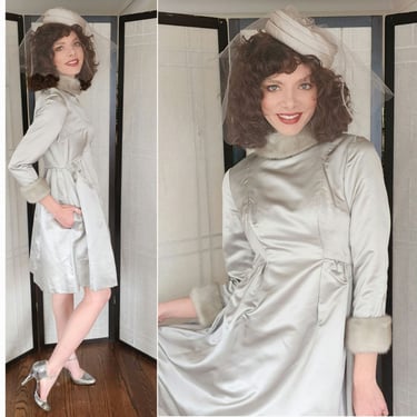 Vintage 60s Wedding Dress Silver Gray Silk w/ Fur Cuffs + Veiled Hat 