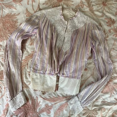 Antique Edwardian Purple & Pink Striped Silk Bodice Lace  Dress Blouse Vintage