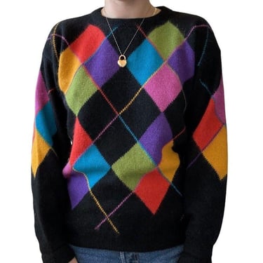 Vintage Rafaella Womens Rainbow PRIDE Angora Argyle Preppy Sweater Sz M 