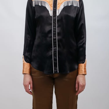 1970s Black and Copper Satin Fringe Western Shirt