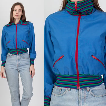 80s Blue Striped Trim Cropped Jacket - Small | Vintage Knit Collar Lightweight Zip Up Coat 