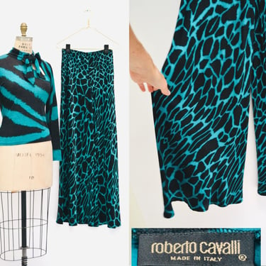 Y2k Vintage Roberto Cavalli Silk Pants Teal Black Giraffe Animal Print Roberto Cavalli Silk Wide Leg Pants Small Medium Silk Trousers pants 