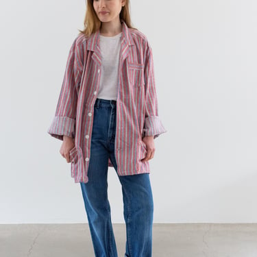 Vintage Red Blue Striped Shirt Jacket | Unisex Flannel Stripe Cotton Pajama Chore shirt | M L | SJ010 