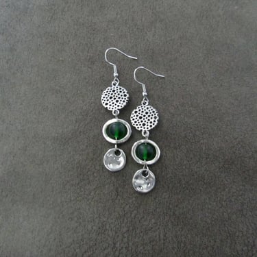 Mid century modern green frosted glass and silver earrings 
