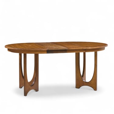 Broyhill Brasilia Mid Century Walnut Round Expanding Dining Table with 2 Leaves - mcm 