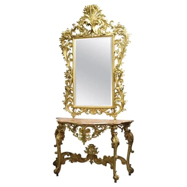 Monumental Giltwood Florentine Mirror with Marble-Top Console Table, circa 1940